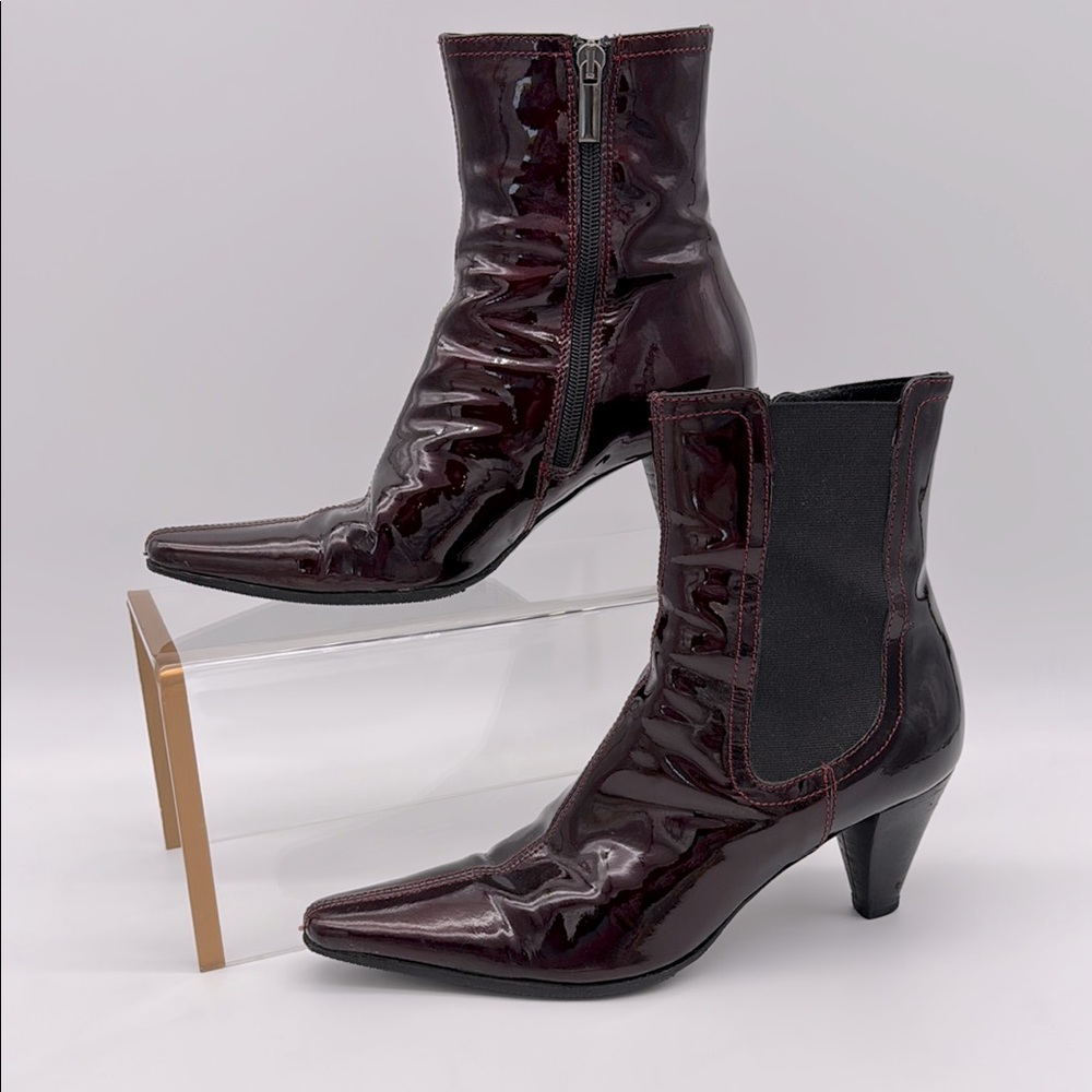 Aquatalia Burgundy Patent Leather Pointed Toe Ankle Boots